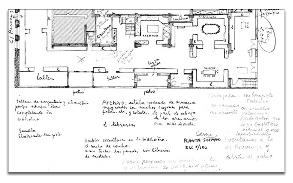 Plànol del semisoterrani del pis de Provença, destinat a ser l’espai de la Biblioteca Carandel
