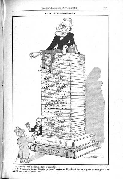 Caricatura d’Àngel Guimerà a sobre d’un pedestal de llibres elaborada per “Picarol” (Josep Costa Ferrer) i publicada a L’Esquella de la Torratxa el 1909. CMAG.