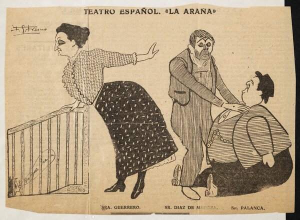 Caricatura dels actors principals (María Guerrero, Fernando Díaz de Mendoza i Francisco Palanca) en l’estrena de La araña al Teatro Español el 1908. BC. 