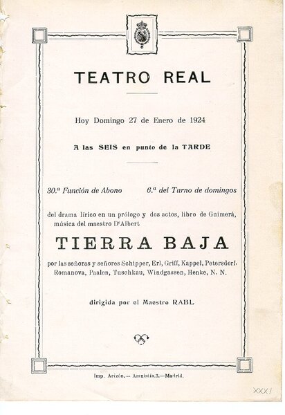 Programa de Tierra baja al Teatro Real de Madrid de 1924. MAE.
