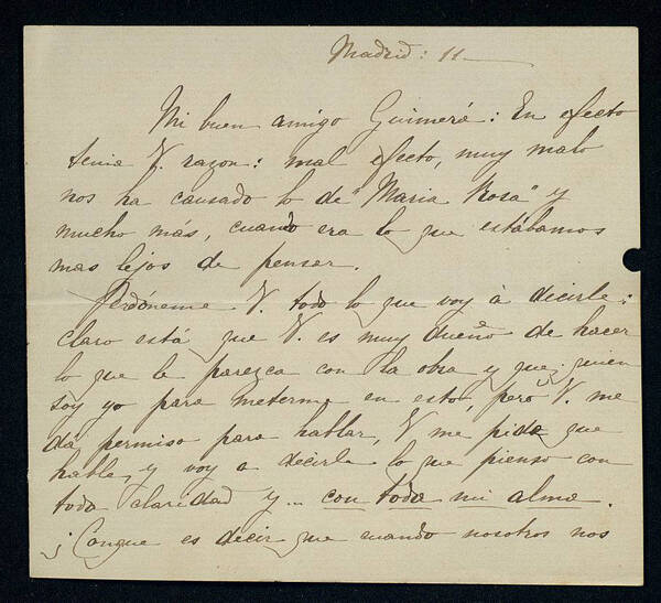 Carta de María Guerrero a Guimerà, probablement de 1894, en què li expressa el
seu malestar pel fet que Maria Rosa s’estreni abans en català que en castellà.
BC. 