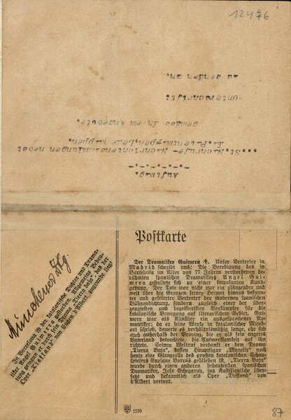 Notícia del Münchner Zeitung (diari de Munic), dirigida a Pere Aldavert, en què s’expressa el condol per la mort de Guimerà. MAE.