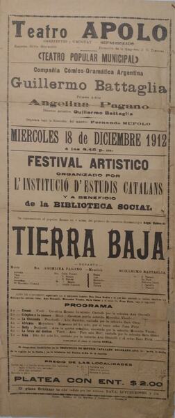 Cartell de la representació de Tierra baja per la companyia de Guillermo Battaglia, amb Angelina Pagano com a primera actriu, al Teatro Apolo de Buenos Aires, el 1912. INET. 