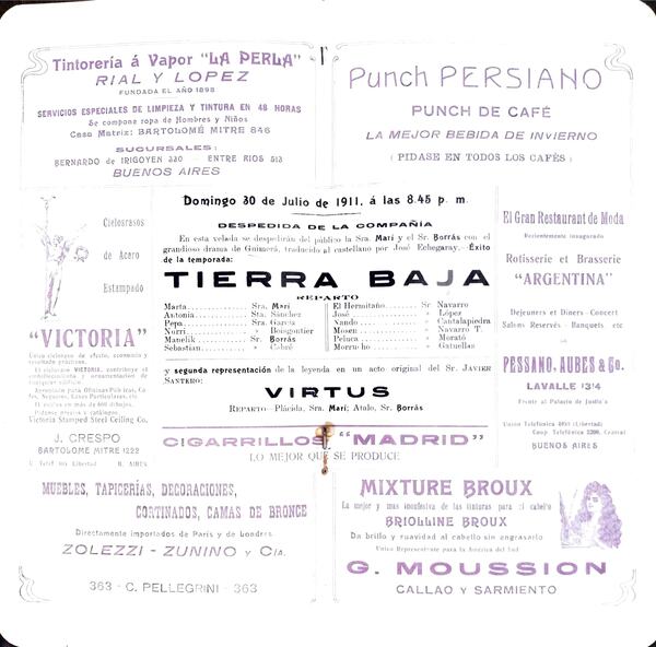 Anunci de la representació de Tierra baja per la companyia d’Enric Borràs al Teatro Victoria de Buenos Aires, el 1911. INET. 