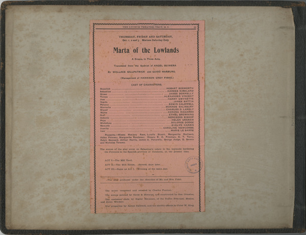 Programa de Marta of the Lowlands a The Lyceum Theatre (Troy, Nova York) el 1903. MAE.