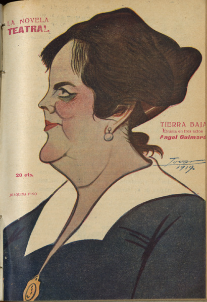 Coberta de Tierra baja, il·lustrada amb un dibuix de l’actriu Joaquina Pino, publicada a La Novela Teatral (Madrid, 1919), en una traducció de José Echegaray. MAE.