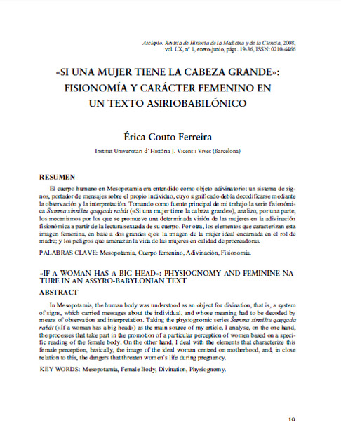 Si una mujer tiene la cabeza grande»: fisionomía y carácter femenino en un texto asiriobabilónico 
