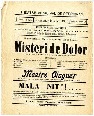 Cartell de la representació de Mestre Oleguer, entre altres obres, a Perpinyà el 1905. MAE. 