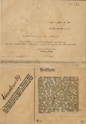 Notícia del Münchner Zeitung (diari de Munic), dirigida a Pere Aldavert, en què s’expressa el condol per la mort de Guimerà. MAE.