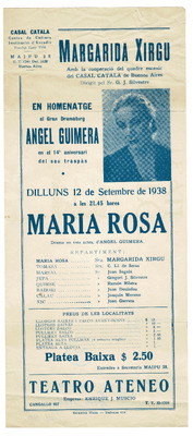 Cartell de la representació de Maria Rosa per Margarida Xirgu al Casal Català de Buenos Aires, el 1938. INET.