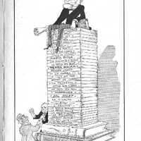 Caricatura d’Àngel Guimerà a sobre d’un pedestal de llibres elaborada per “Picarol” (Josep Costa Ferrer) i publicada a L’Esquella de la Torratxa el 1909. CMAG.