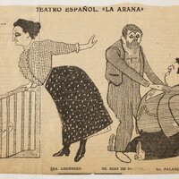 Caricatura dels actors principals (María Guerrero, Fernando Díaz de Mendoza i Francisco Palanca) en l’estrena de La araña al Teatro Español el 1908. BC. 