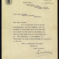 Carta de John Martin Harvey a Àngel Guimerà de 1917 en què li demana si té altres obres seves que pugui estrenar. BC. 